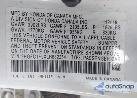 2020 Honda Civic Touring из США, поврежденный, VIN 2HGFC1F9XLH682254